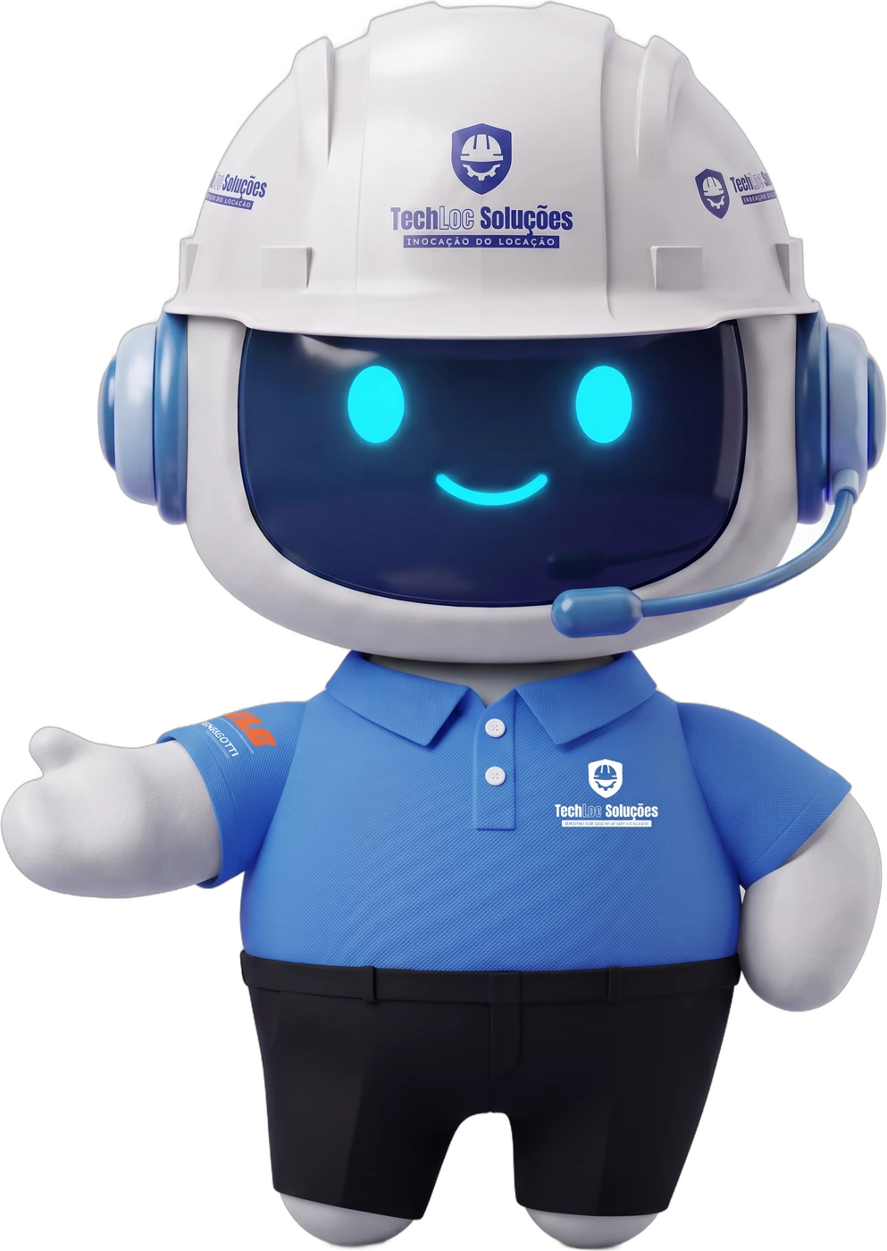 Mascote da Tech Locações, de capacete e headset, apontando para o contato